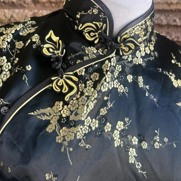Stephen's Collection Black Gold Cherry Blossom Cheongsam Maxi Dress Size 4 - Picture 3 of 7